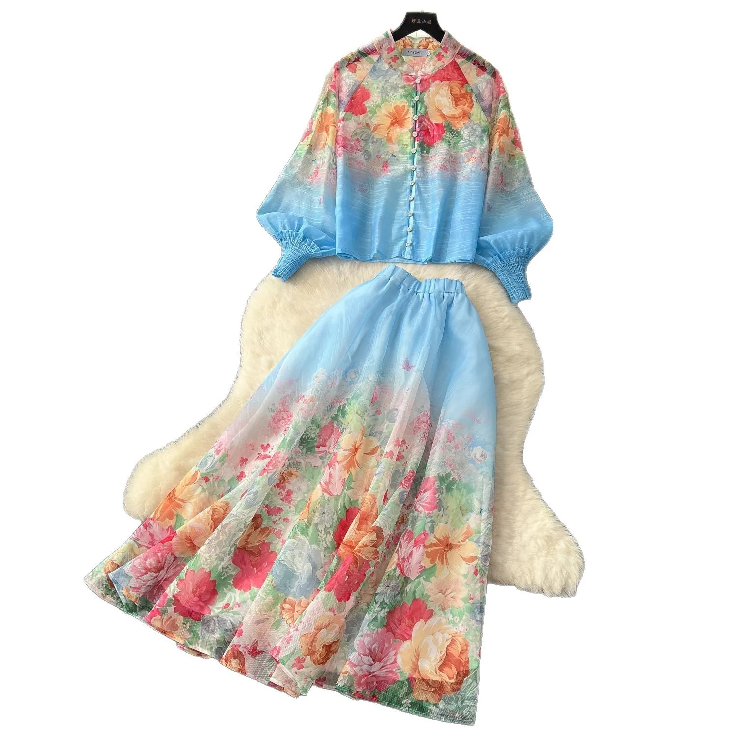 

summer women's suit Palace style western-style age reducing lantern sleeve printed shirt+high waist slimming and large skirt