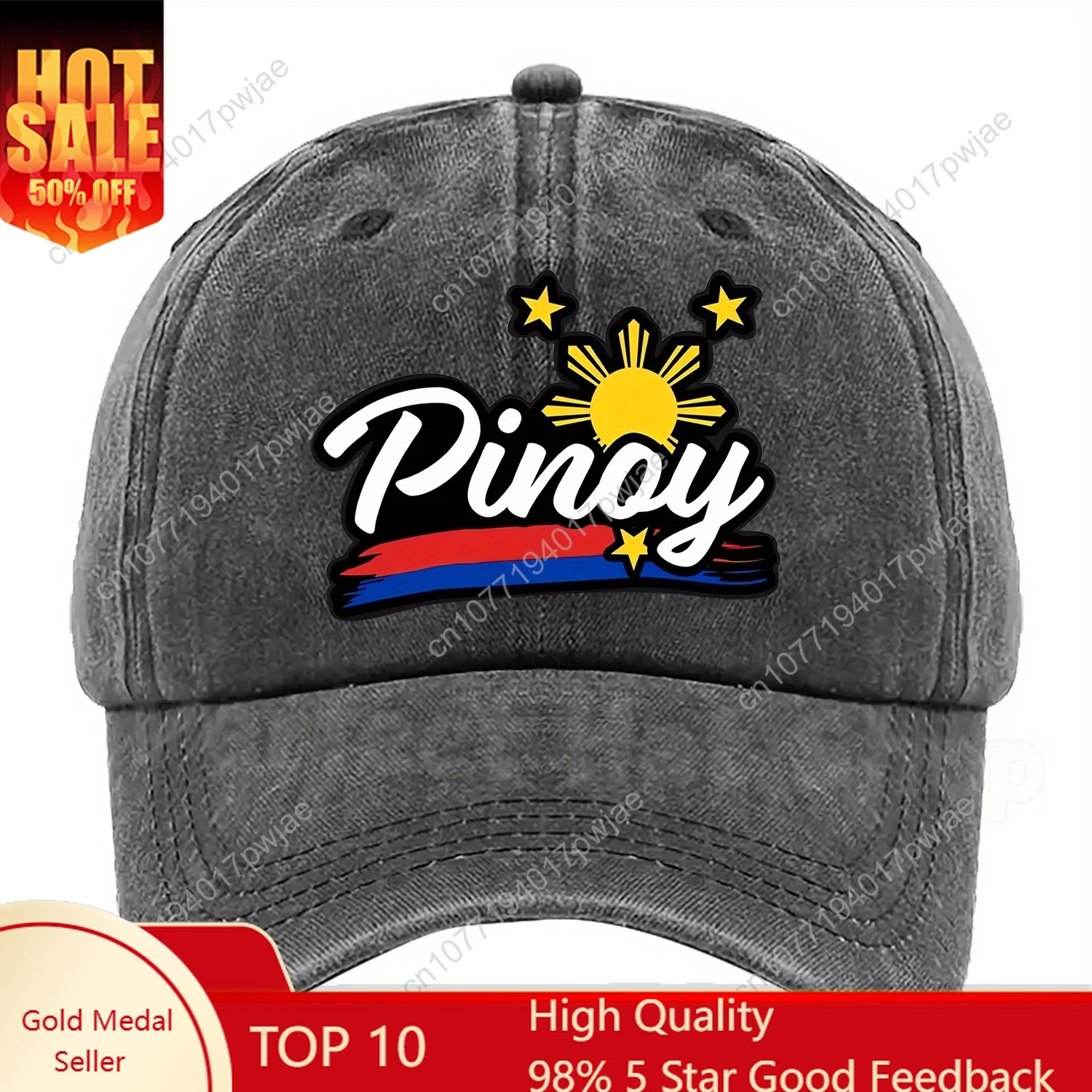 

Adjustable "Pinoy" Baseball Cap - Breathable Polyester, Multiple Colors, Sun & Stars Design, Ideal for Filipino Pride, Machine W