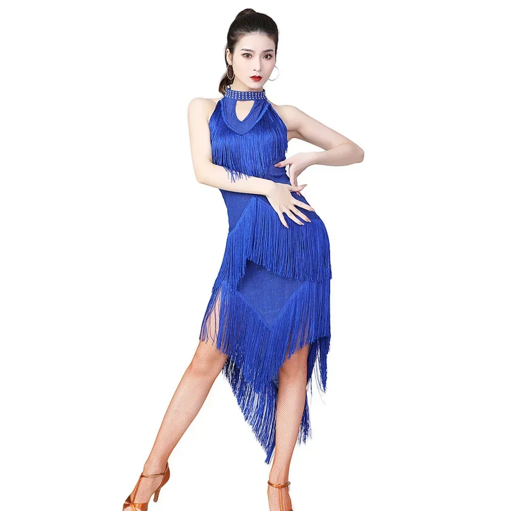 

Dazzling Dance Salsa Samba Clothes For Women High Neck Fringes Latin Dresses Sleeveless Irregular Long Dress with Necklace