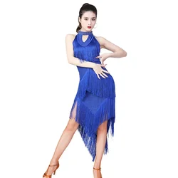 Dazzling  Dance Salsa Samba Clothes For Women High Neck  Fringes Latin Dresses Sleeveless Irregular Long Dress with Necklace