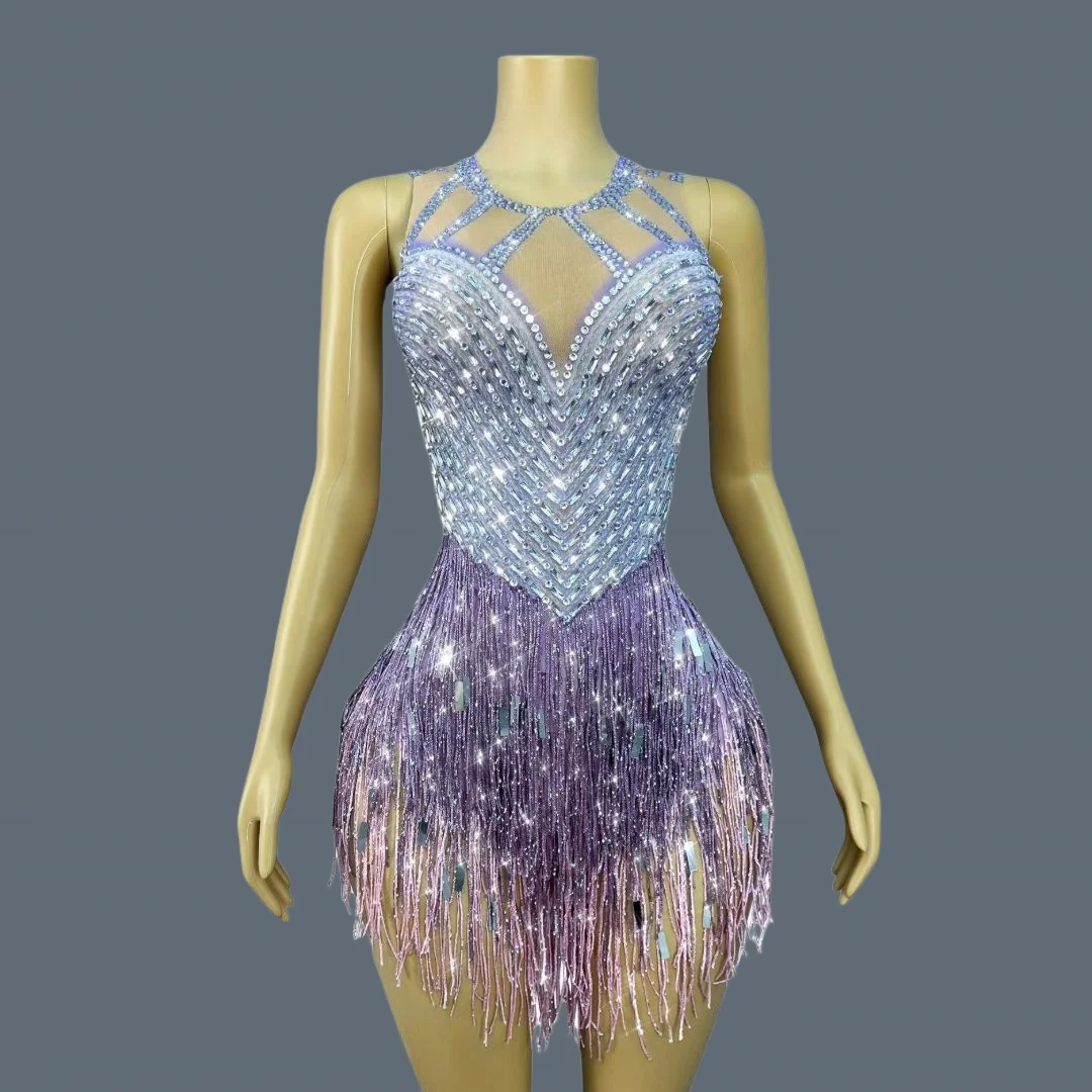 Streamer tema festa catsuit brilhante lantejoulas cristais bodysuit senhoras dança latina vestido sexy noite fora roupa roxa piaoliu