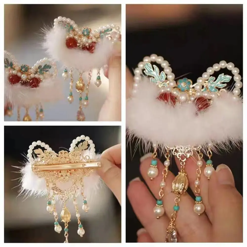 All-match Tassel Lion Hairpin Pearl Plush Ball Hanfu Hairpin Ancient Headwear Cloth Chinese New Year Headwear Children