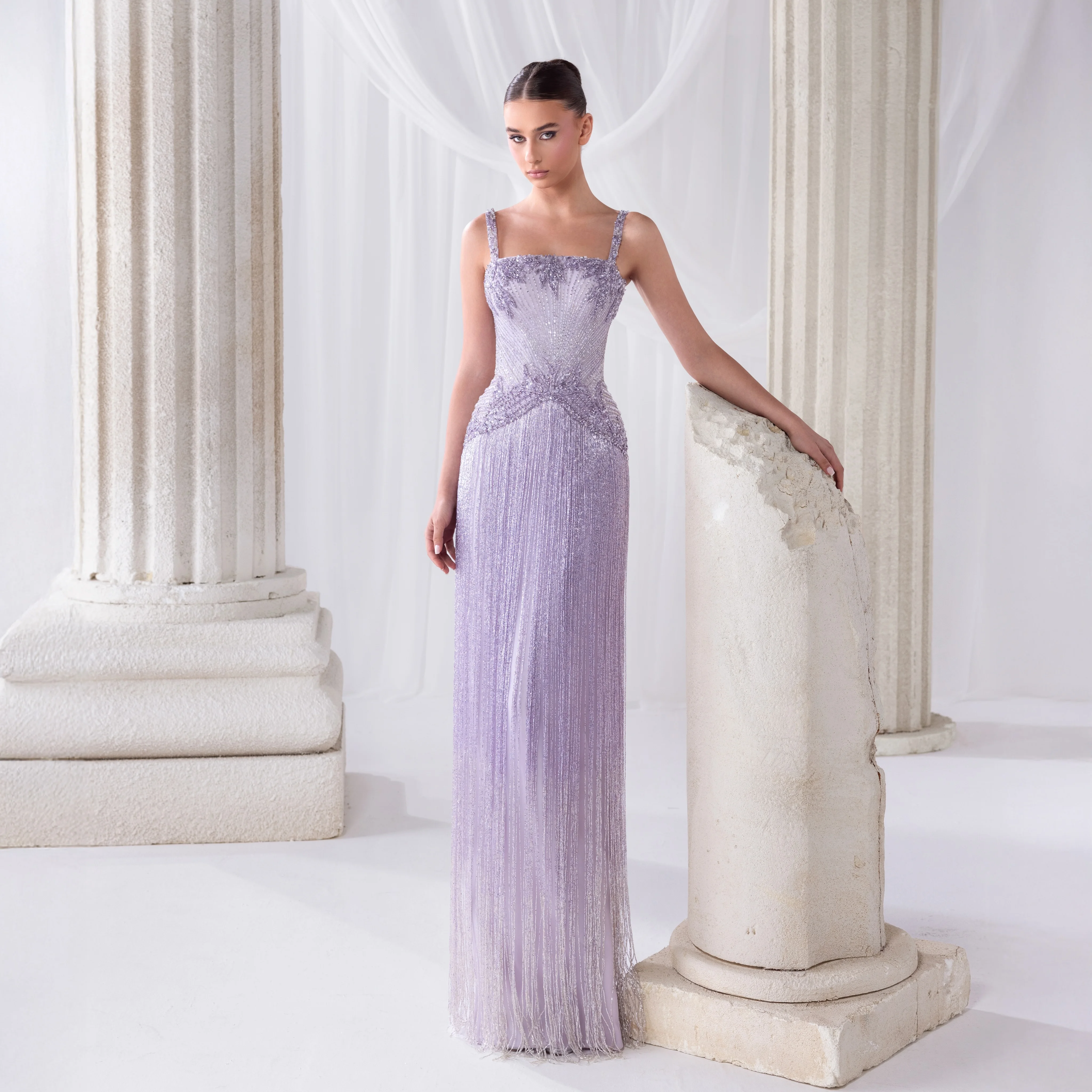 Lavender Straight Women Prom Dresses Stunning Beads Lace Sleeveless Evening Gowns Long Tassels Customized Special Occasion Gowns