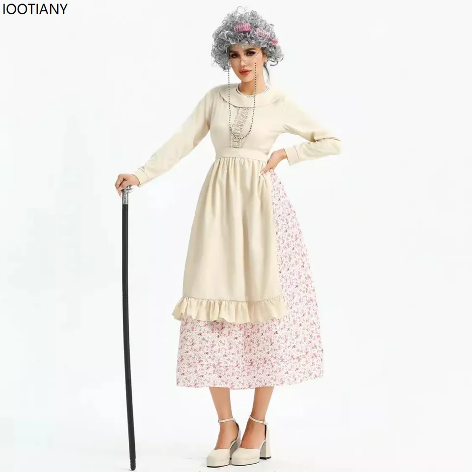 Halloween Adult Old Granny Cosplay Costumes Women Funny Manor Maid Fancy Dress Carnival Party Stage