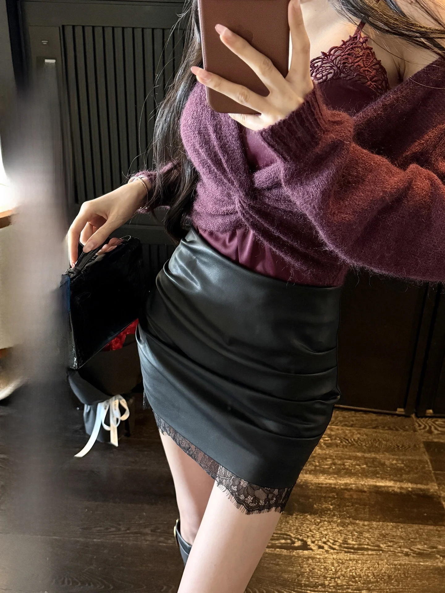 

Fbblimit ort Lace Trim PU Leather Patchwork Slim Fit Waist Cinching Skirt Casual Sle Ciwalk f Skirt H pe Side Zipper