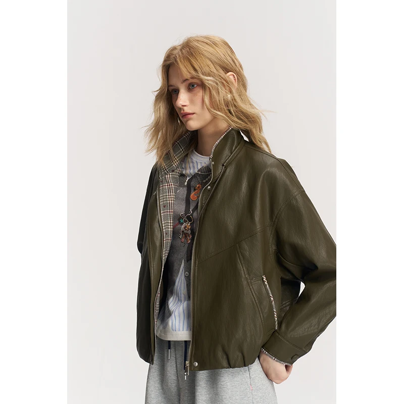ELFSACK Women's Casual Stand Collar Jacket with Striped Trim, Cropped Zip Up Green Outerwear for Everyday Wear