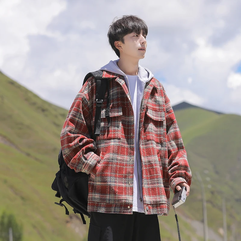 

Retro Japanese Sle y Plaid Jaet Men's Casual Spring Autumn New Sle Fake Two-Piece Hooded Top Men's Jaet