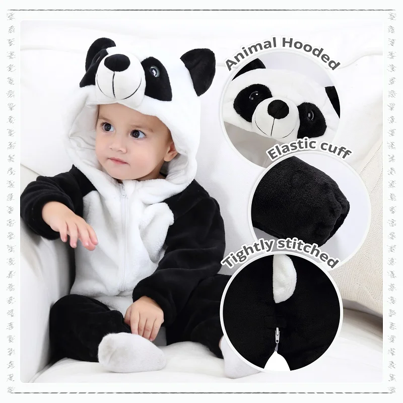 MICHLEY Halloween Panda Flannel Baby Rompers Winter Warm Clothes Costume Hooded Bodysuits Pajamas Overall Jumpsuit For Girl Boy