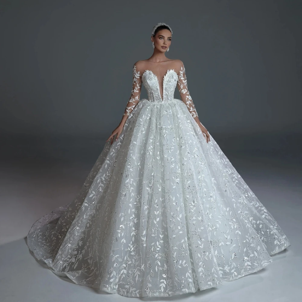 Abito da sposa con applicazioni in pizzo con perline squisite Abito da sposa a maniche lunghe con illusione 2025 Abiti da ballo personalizzati Abiti lunghi per la sposa