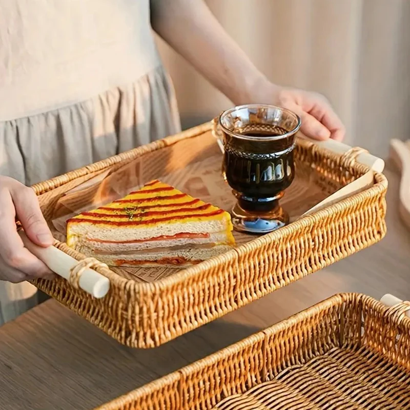 Natural Rattan Foods Tray With Handles Picnic Bread Snack Plate Fruit Cake Sundries Box Handwoven Rattan Saucer Storage Baskets