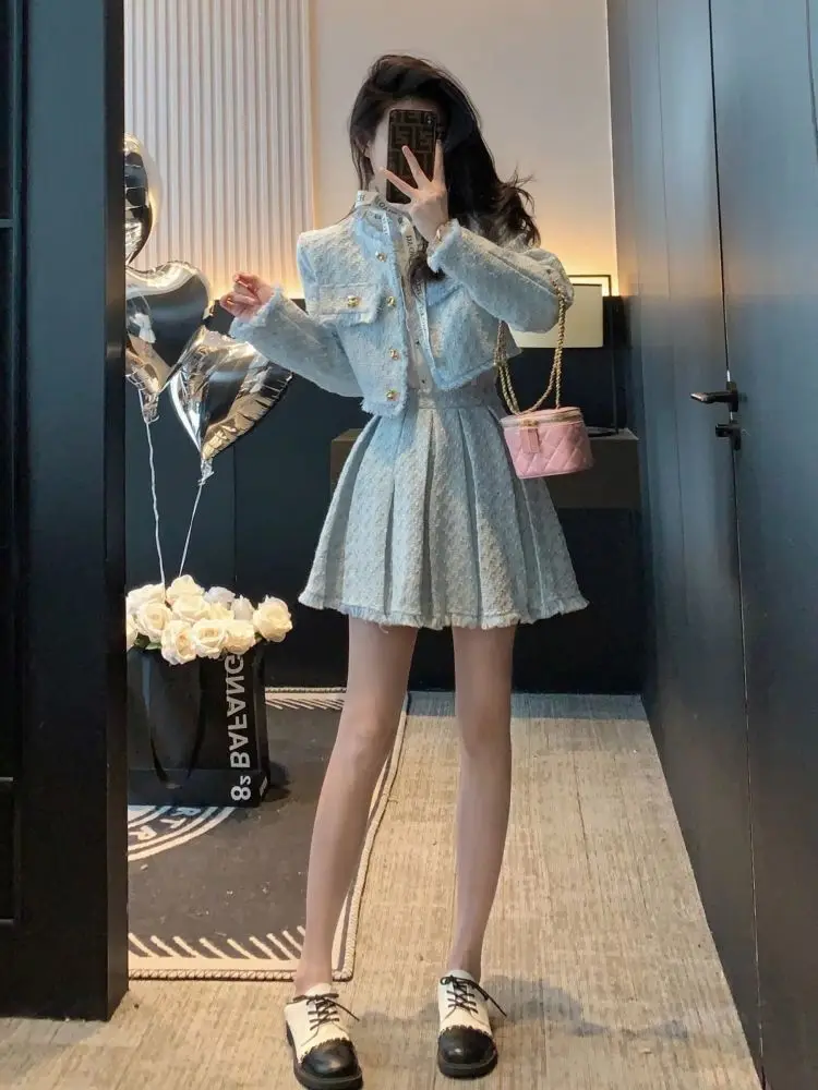 

Женская твидовая короткая куртка с длинным рукавом, пальто + плиссированная юбка с кисточками, осенний новый элегантный комплект из двух предметов высокого качества