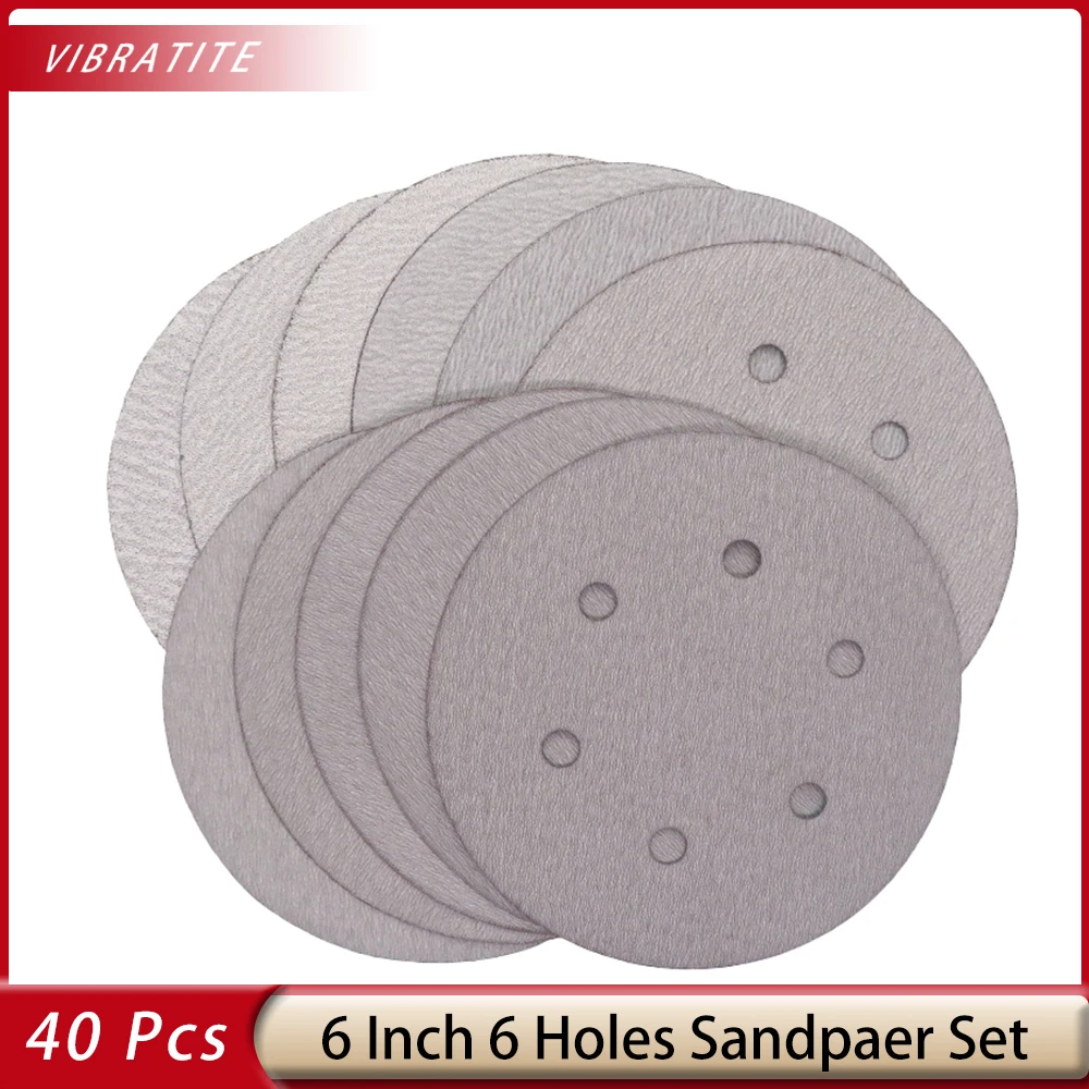 6 Inch Hook and Loop Sandpaper 6 Hole 40 Pcs Sanding Paper Assorted 60/80/100/120/180/240/320/400 Grits for Polishing Metal Wood