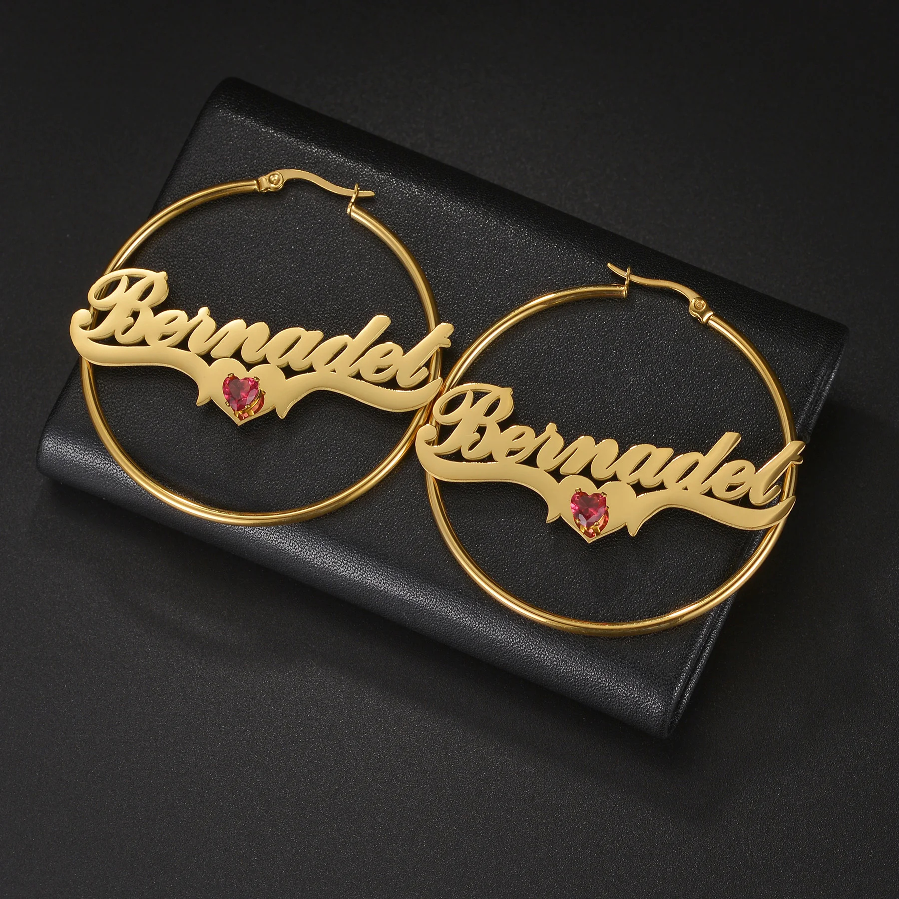 Atoztide Set Perhiasan Anting Kalung Nama Kustom untuk Wanita Hadiah Ulang Tahun Rantai Kuba Baja Tahan Karat Hati Batu Yang Dipersonalisasi