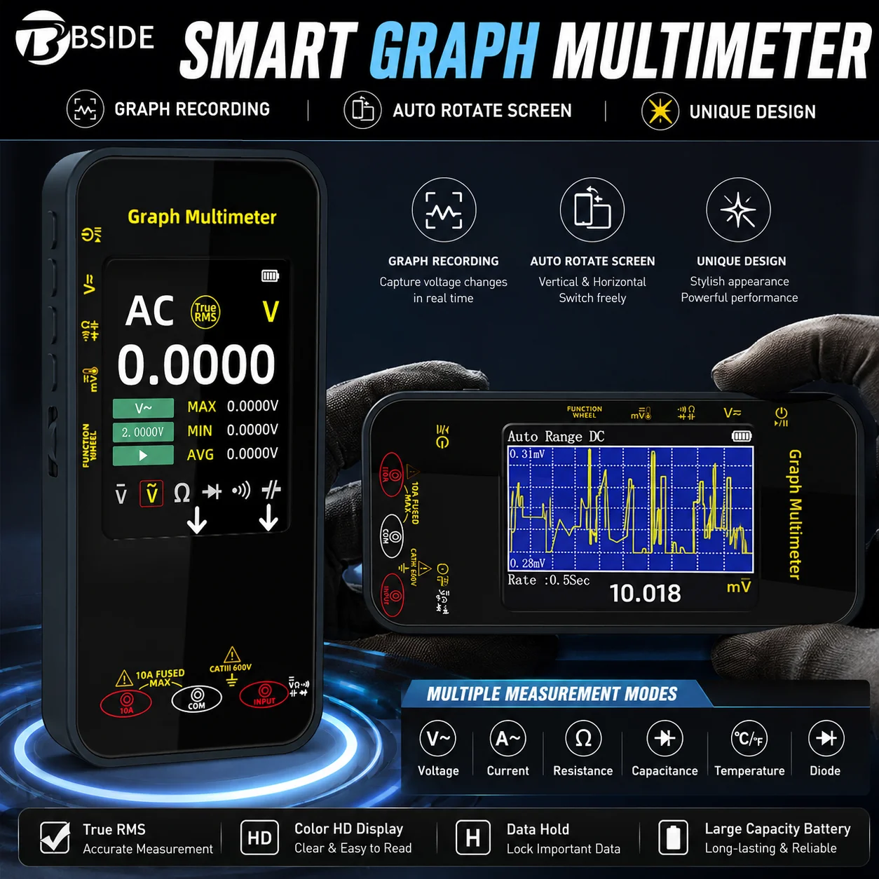 Multimètre numérique intelligent BSIDE S500 True RMS avec écran rotatif automatique, testeur portable de tension, courant, résistance et capacité, outil de mesure électrique