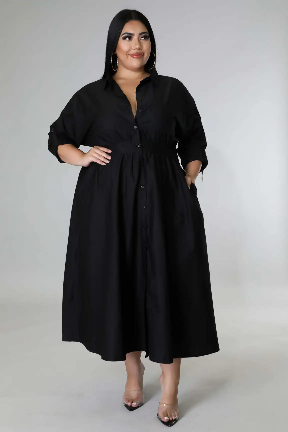 Plus Size Casual Blouse Long Dress Autumn Solid Long Sleeve Mid-calf Vestidos Streetwear Fashion Office Lady Oversized Dresses