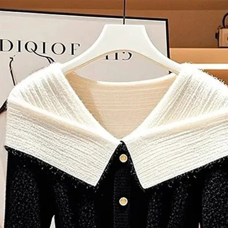 Black White Contrasting Colors Knitting Cardigan Coat Women Autumn Winter Elegant Loose Sweater Casual All-match Knitwear Tops