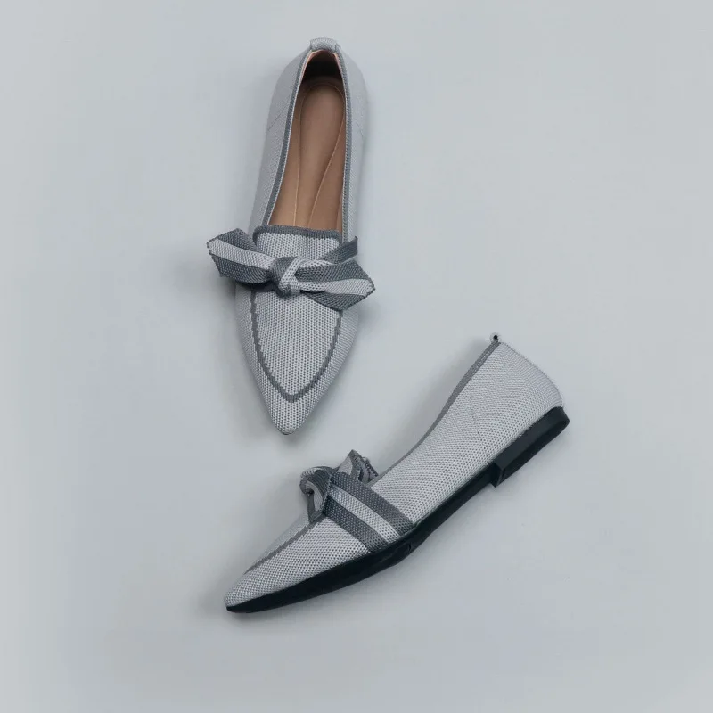 

2026 Pointed Flat-soled Single Shoes Women's Soft Bottom Knitted Flats Woven Pointed-toe Casual Shoes with Bows Plus Size 35~43