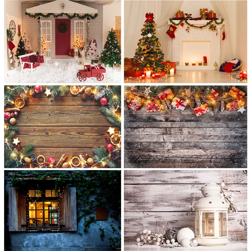 Christmas Tree Presents Flower Wreath Photography Backrops Window Pink House Door Anniversary New Year Photo Background DRG-07