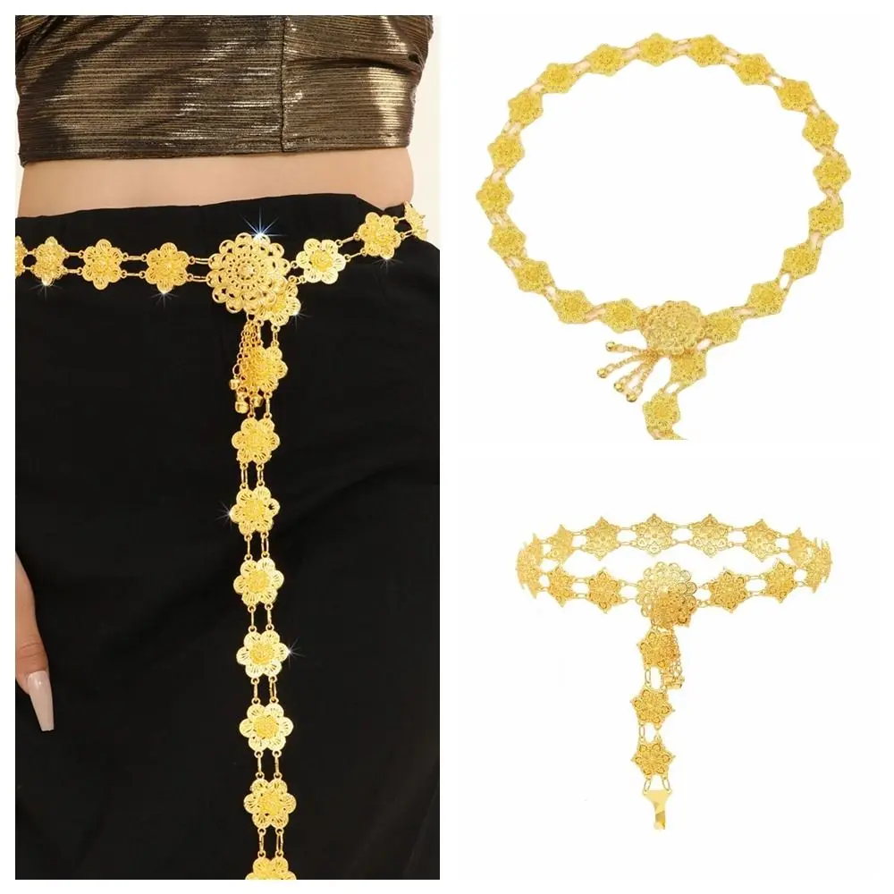 المعادن التايلاندية البطن الخصر سلاسل مجوهرات جرس الجوف خارج زهرة قلادة العرقية نمط شرابة فستان رقص حزام سلاسل