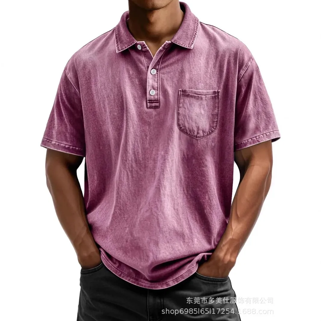 Short Sleeve Shirt Cotton Collar Solid Color Slim Fit Chest Pocket Washed Flip Collar Tee Men's Top Button Front