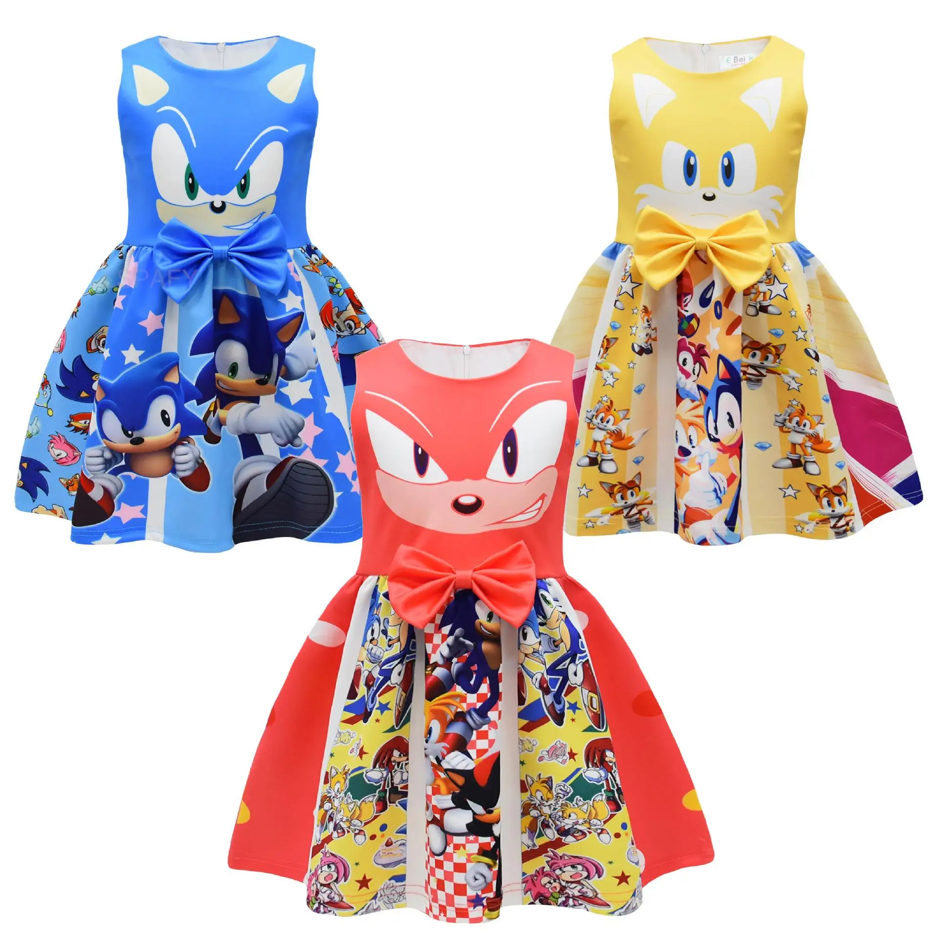 Meninas Cartoon SONIC RACING Cosplay Vestido, Vestido de Princesa Sem Mangas, Azul, Vermelho, Laço Amarelo, Christmas Carnival Party