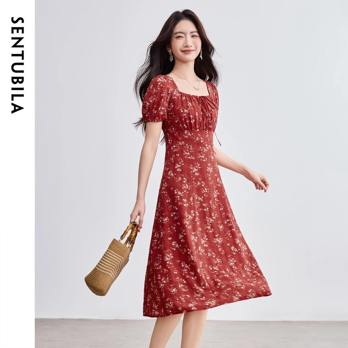 SENTUBILA Women's Chiffon Print Dress Summer Red Vacation Dresses 2025 Elegant Collection Lantern Sleeve Woman Outfits Q52LF2179