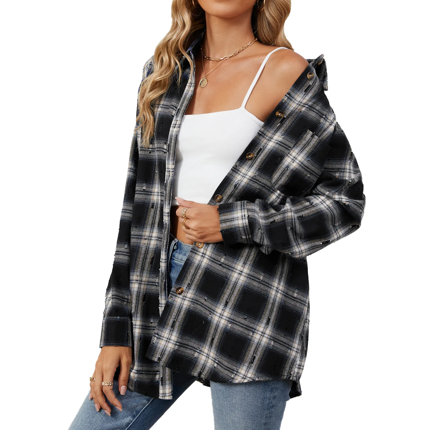 

Autumn and winter long-sleeved casual loose lapel plaid shirt women