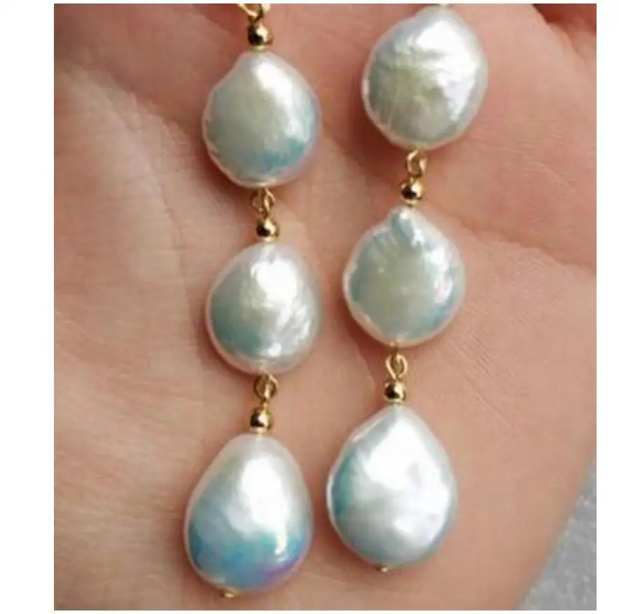 

noble jewelry 13-12mm AAA South Sea White Baroque Pearl Earrings