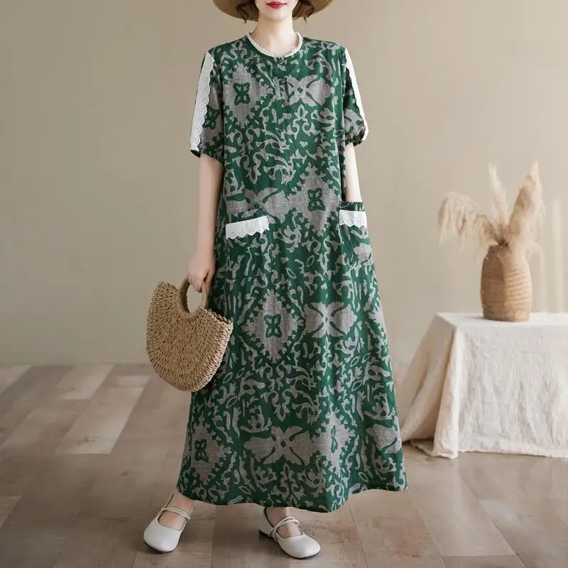 Abiti lunghi larghi midi floreali vintage in lino di cotone taglie forti a maniche corte con tasca Abito estivo ampio da donna coreano giapponese Mori
