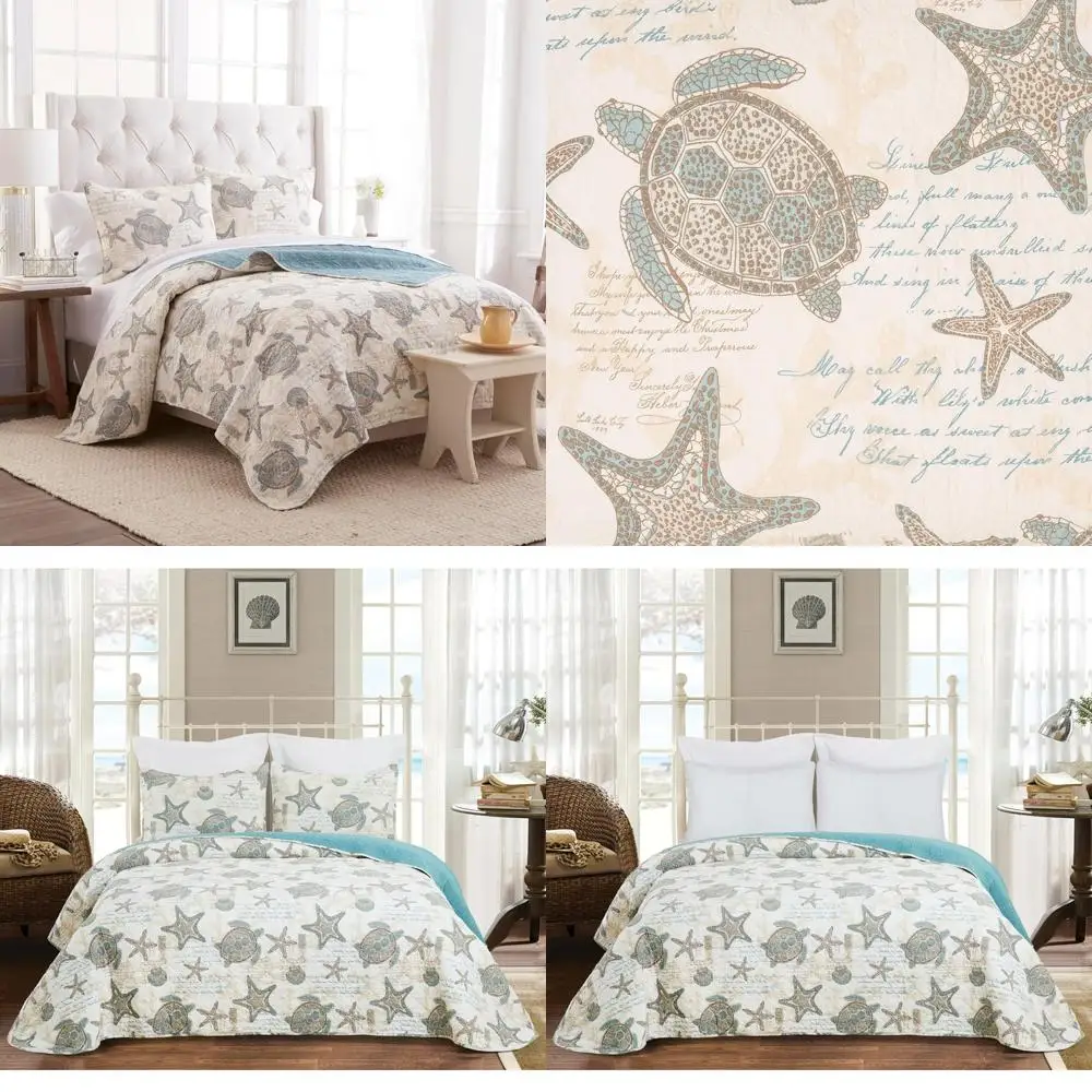 

Cotton Quilt Set for Full/Queen Beds: Summer Beach Theme with Starfish and Sea Turtles, Reversible and Machine Washable