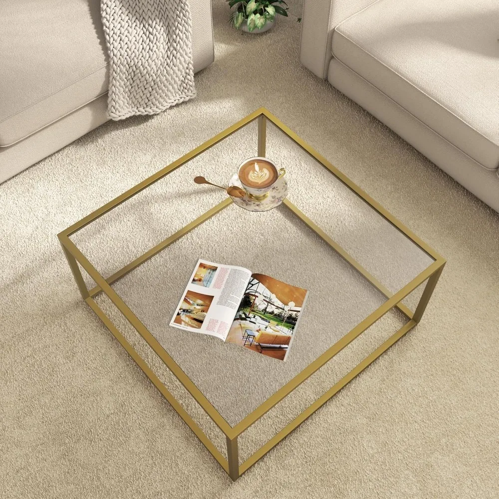 Golden modern glass coffee table, simple square central table for small spaces, for living room home office, easy to assemble