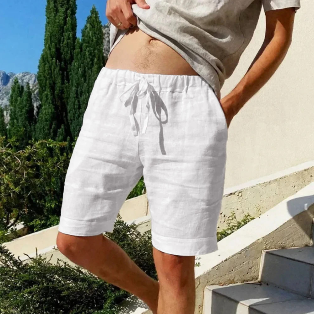 Men's Solid Color Casual Short Pants Beach Breathable Loose Straight Shorts Vintage Lace-up Drawstring Men Shorts