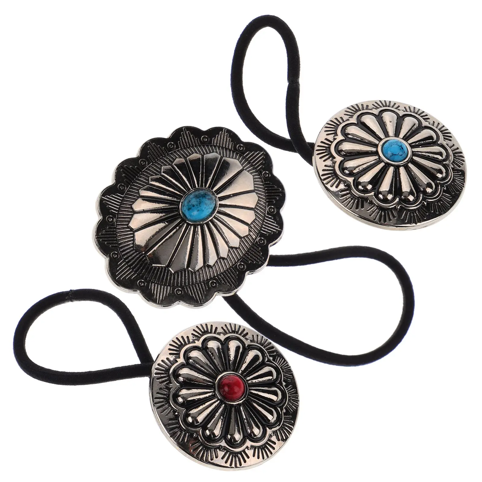 

3Pcs Vintage Metal Hair Ties Turquoise Pumpkin Flower Design Elastic Ponytail Holders For Girls Retro Western Cowgirl Braiding