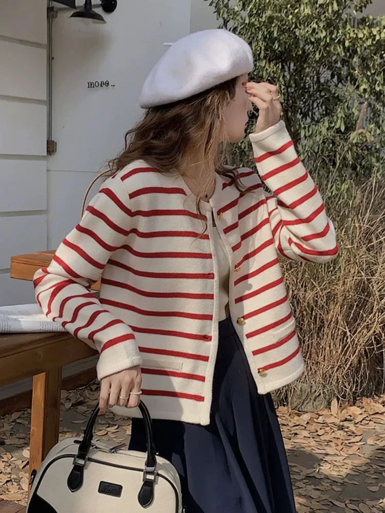 Jmprs Striped Sweet Cardigan Sweater Women Long Sleeve Elegant Knitted Tops Casual Korean O Neck Vintage Fall Lazy Wind Cardigan