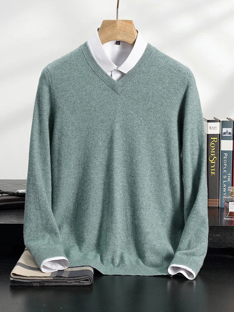 100% Cashmere Sweater Men's V-Neck Knitted Pullover Autumn Winter New Solid Color Long Sleeved Tops Basic and Versatile Menswear