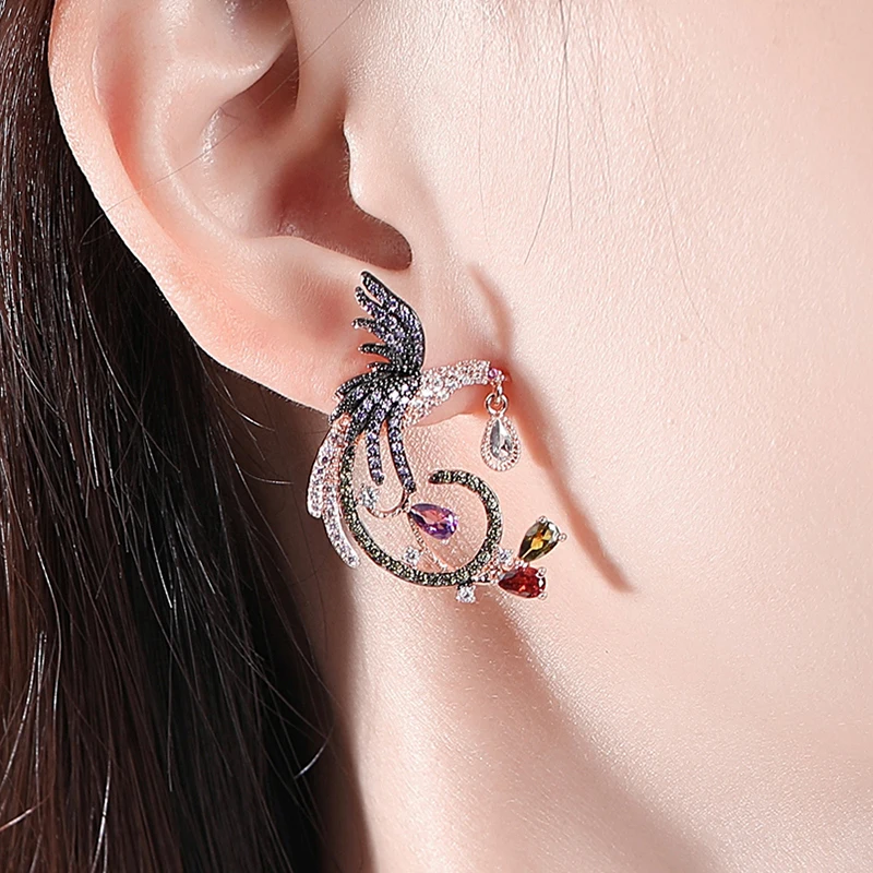 LUOTEEMI Vintage Unique Colorful Rainbow Jewelry CZ Phoenix Stud Earrings for Women Animal Bird pendientes for Bridal Wedding