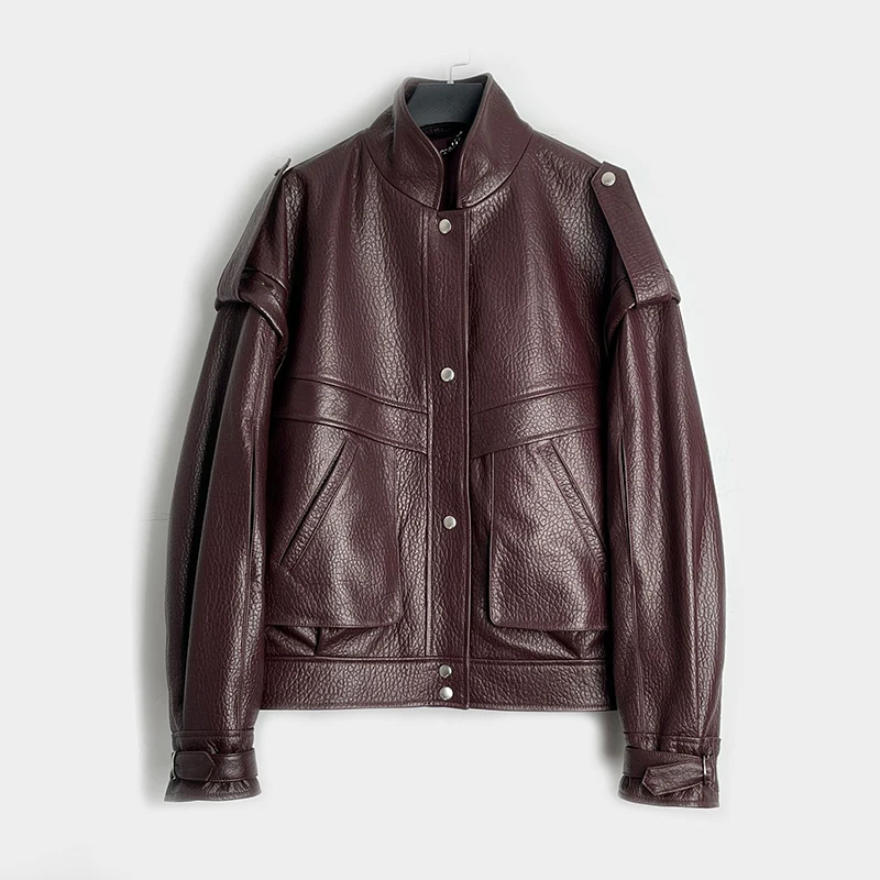 Leder Mantel Frühling Herbst Frauen Kleine Stehkragen Tasche Lose Importiert Neuseeland Schaum Haut Schaffell Chaqueta Ecocuero Burdeo