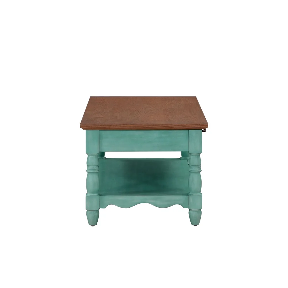 Solid Wood Coffee Table with Spacious Storage Shelf and Drawers Living Room Indoor Use Teal Finish Rectangle Design