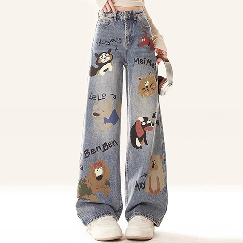 WTHT Mode Cartoon Print Ontwerp Rechte Denim Broek Voor Vrouwen 2025, Zomer Hoge Taille Wijde Pijpen Jeans Vrouwelijke Trendy 1LS1901