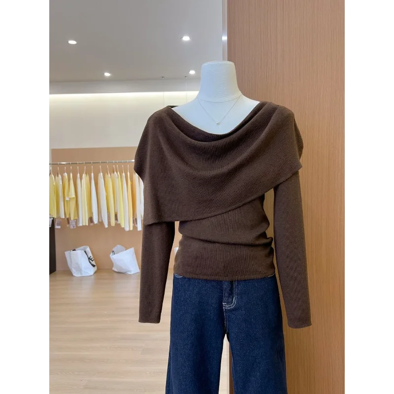 Conjunto de duas peças xale em camadas feminino de início do outono coreano chique tops com cintura abraçando