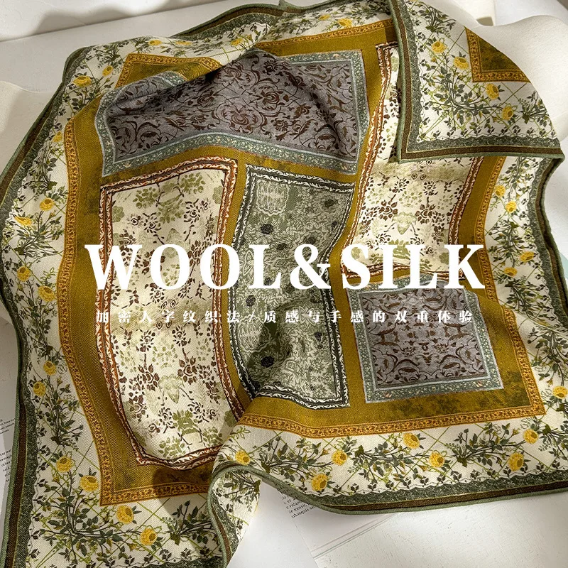 

Шарф-платок квадратный 65 см из 70% шерсти и 30% шелка для женщин: повязка на волосы, офисный шарф, бандана, весенний платок, женская шаль