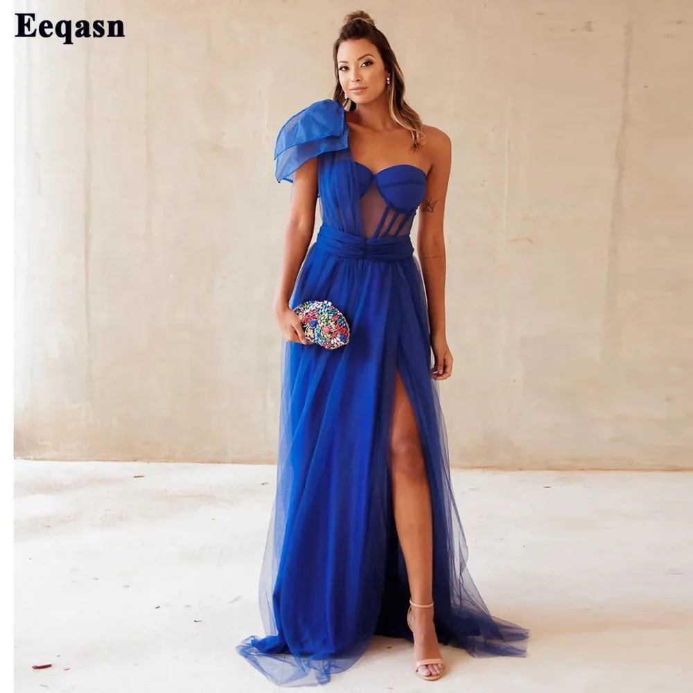 

Royal Blue Women Prom Dresses One Shoulder See Through Top A Line Slit Side Formal Specia; Party Dress Evening Gowns 2023