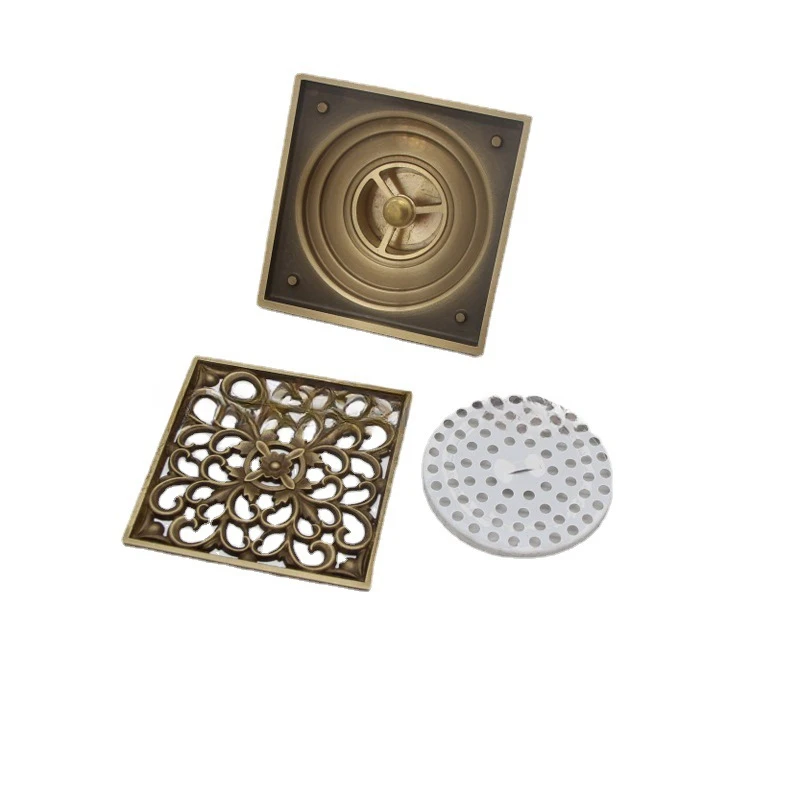 WEPICK Antique Brass Floor Drain Bathtub Hair Trap Shower Basin Hole Plug Strainer Fur Filter 10X10cm Dual-use Deep Water Seal