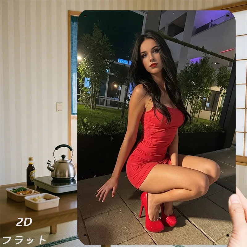 JIT Retro 2D Flat Iron Sign, Vintage Metal Wall Art Decor for Living Room Bedroom, Red Dress Woman Crouching Portrait Tin Painti