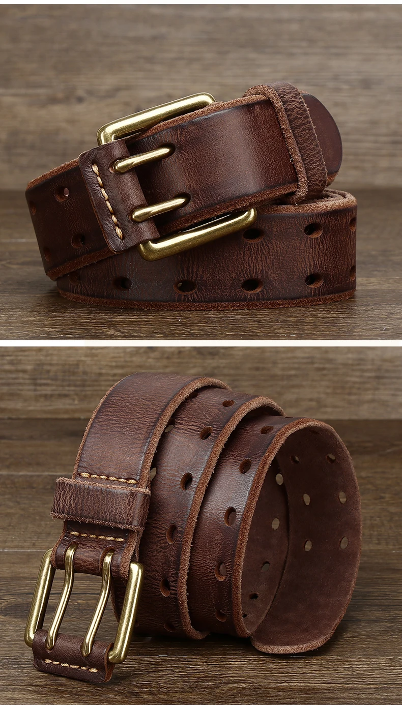 Belt For Men Leather Work Heavy Duty Double Buckles Dlawed Genuine Leather 3.8cm Male Copper Buckle Retro Brown Men's Belt