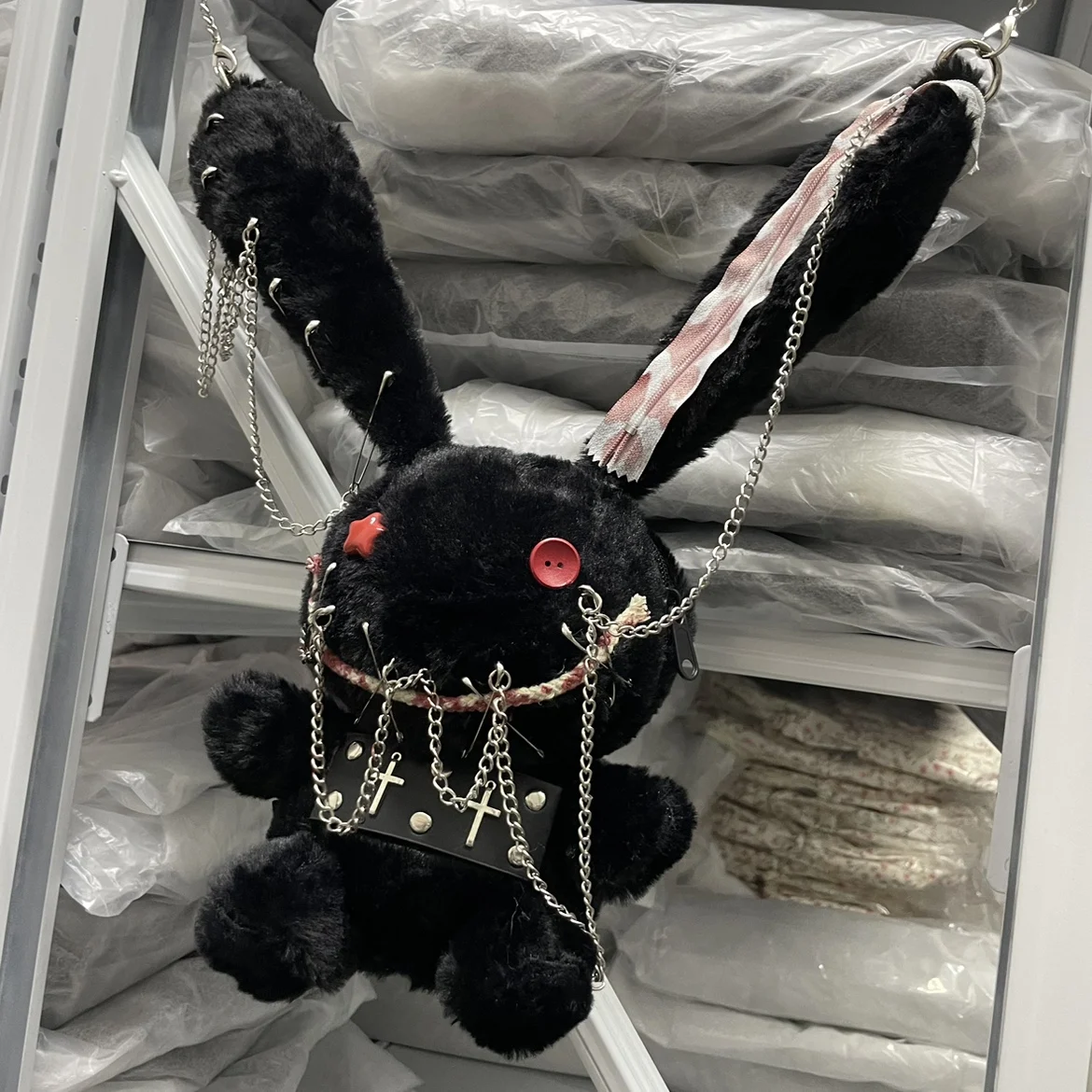 Hell Gothic Bunny Dark Black Crossbody Bag Handmade Dark Black Plush Oblique Original Halloween Devil Rabbit Doll Plush Bag