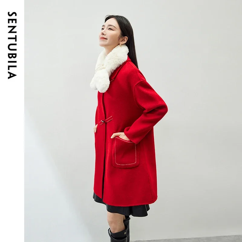 SENTUBILA Retro 74% Woolen Coat for Women 2024 Winter Straight Bull Horn Buckle Double Double Sided Warm Coat Ladies W44O54574