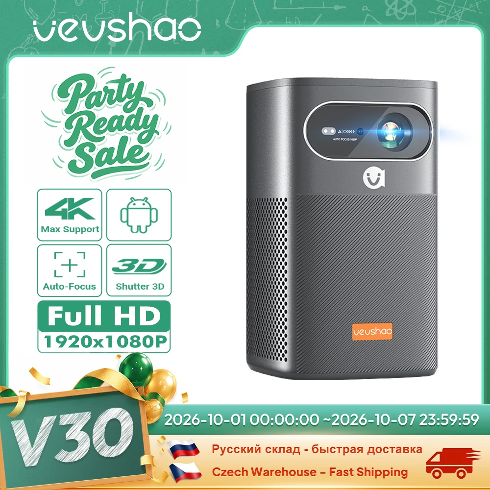 Vevshao V30 3D 4K Mini Projector Cinema Smart Android WiFi Portable 1080P Home Theater Video LED DLP Projector with Battery
