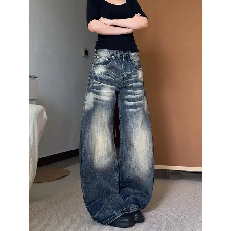 

Американские потертые широкие джинсы в стиле ретро для женщин осенью, свободные, уличные, винтажные, повседневные, универсальные, джинсы с изогнутыми ножками