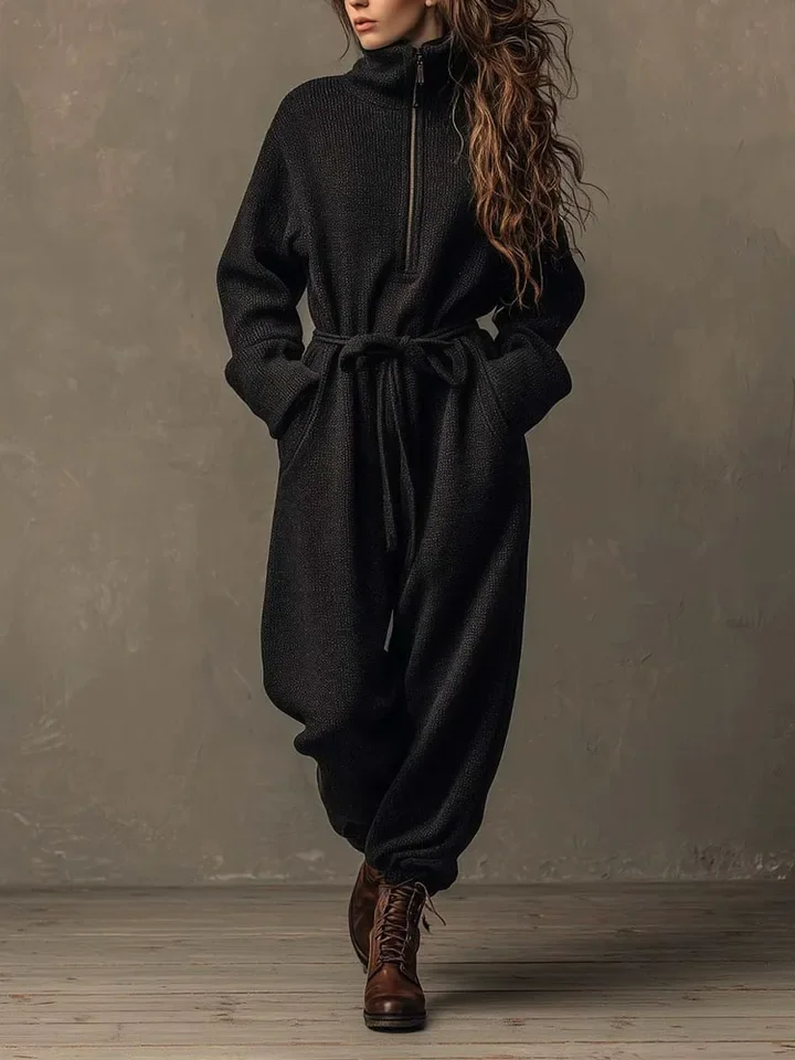 Autumn Winter Sport Style Solid Jumpsuits Fashion Stand Collar Zipper Playsuits Overalls Lady Long Sleeve Loose Commute Rompers